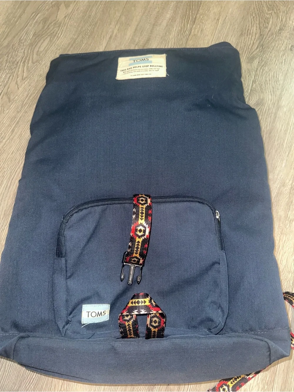 TOMS Stand Up Navy Blue Backpack Bag with Tribal Strap Accents